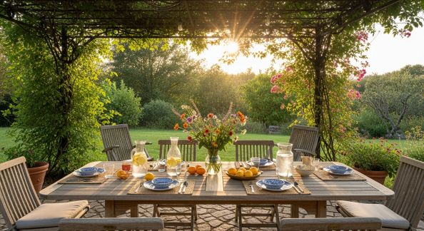 Aménager un espace repas convivial sous une pergola végétale